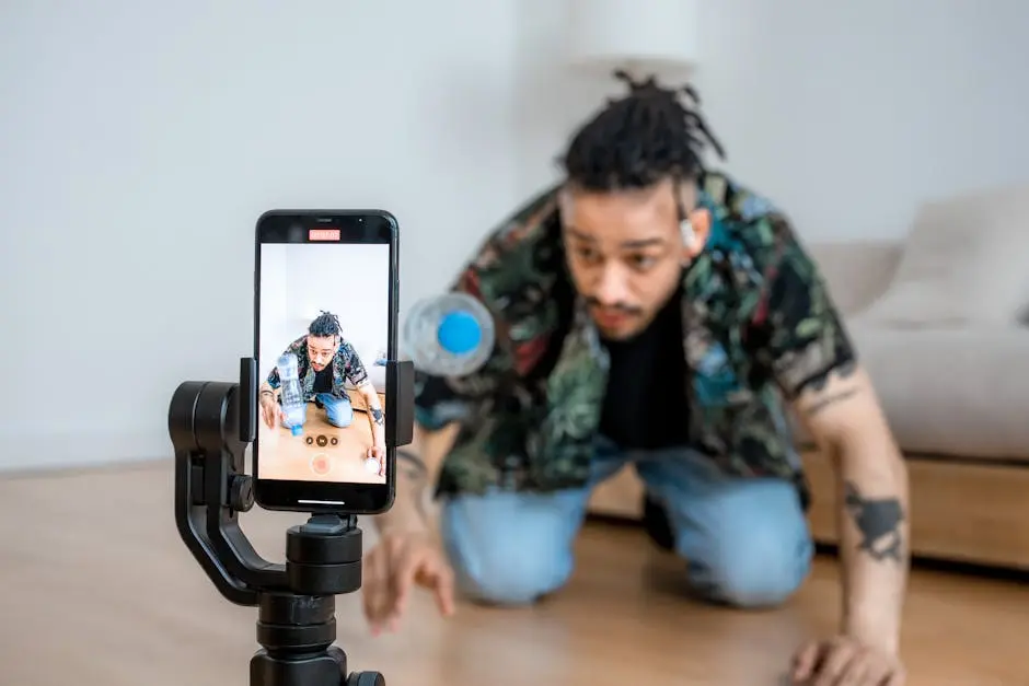 Man filming creative content with smartphone on gimbal indoors.