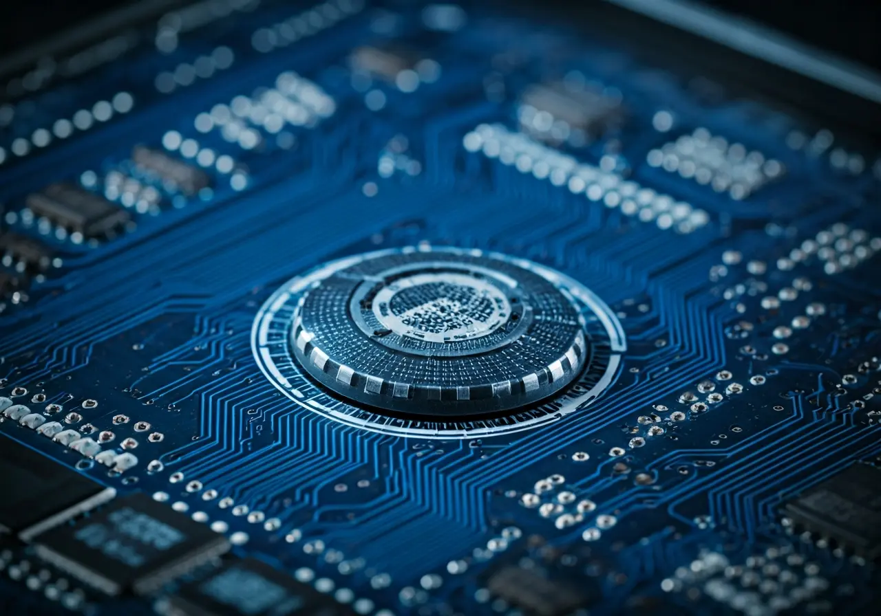 A digital lock symbol on a blazing blue circuit board. 35mm stock photo