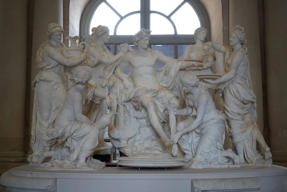 Elegant marble sculptures of classical figures in a museum setting evoke historical grandeur.
