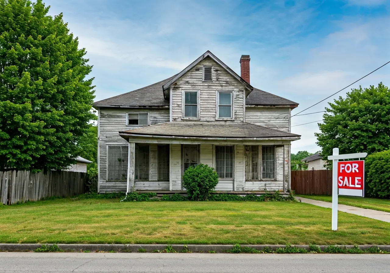 A run-down house with a For Sale sign outside. 35mm stock photo