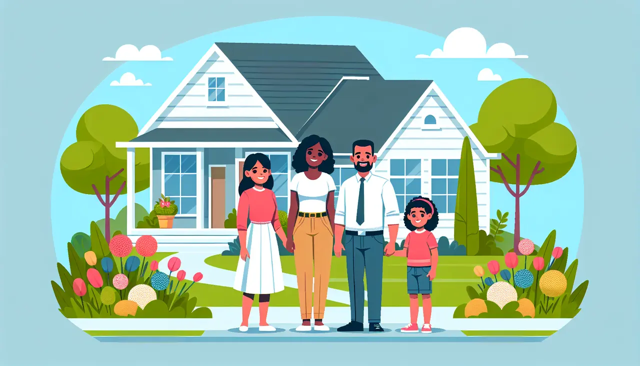Draw a graphic in flat design style. A modern flat design illustration of a happy family standing in front of their beautifully remodeled home, showcasing a sleek exterior and vibrant garden, symbolizing professional craftsmanship and satisfaction.