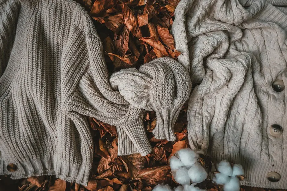 Warm sweaters and autumn leaves create a cozy fall fashion setting. Perfect for seasonal fashion shoots.