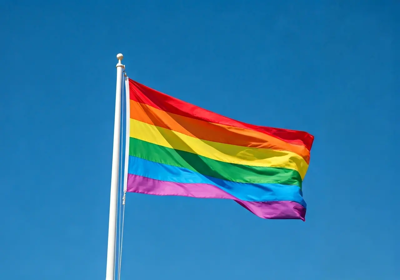 A vibrant rainbow flag against a clear blue sky. 35mm stock photo