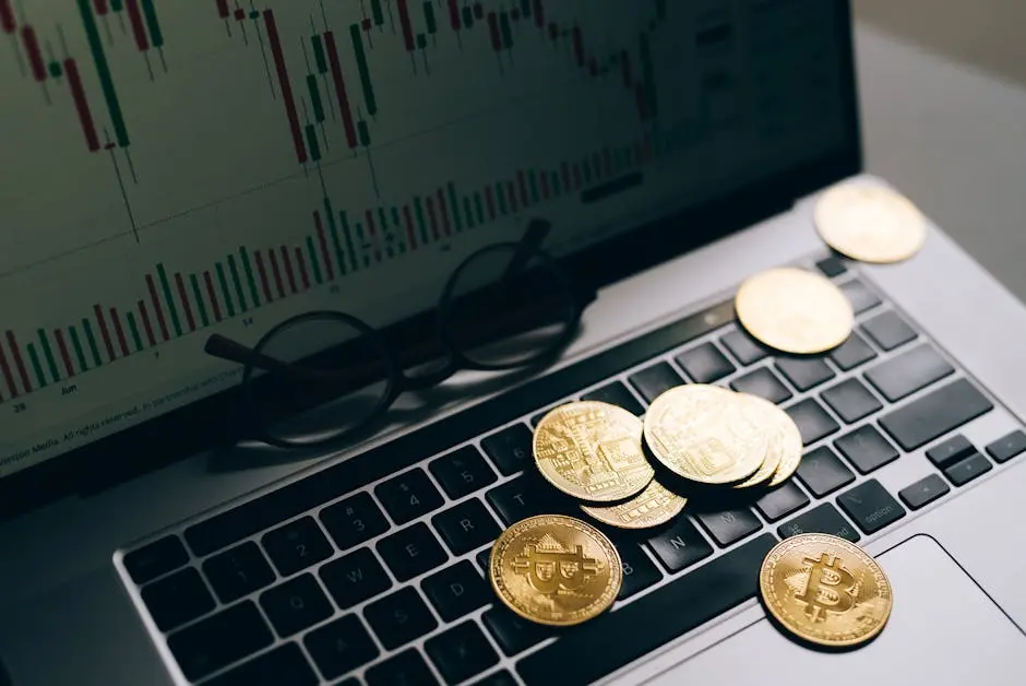 Golden Bitcoins on a laptop keyboard with a stock market chart on the screen, symbolizing cryptocurrency trading.