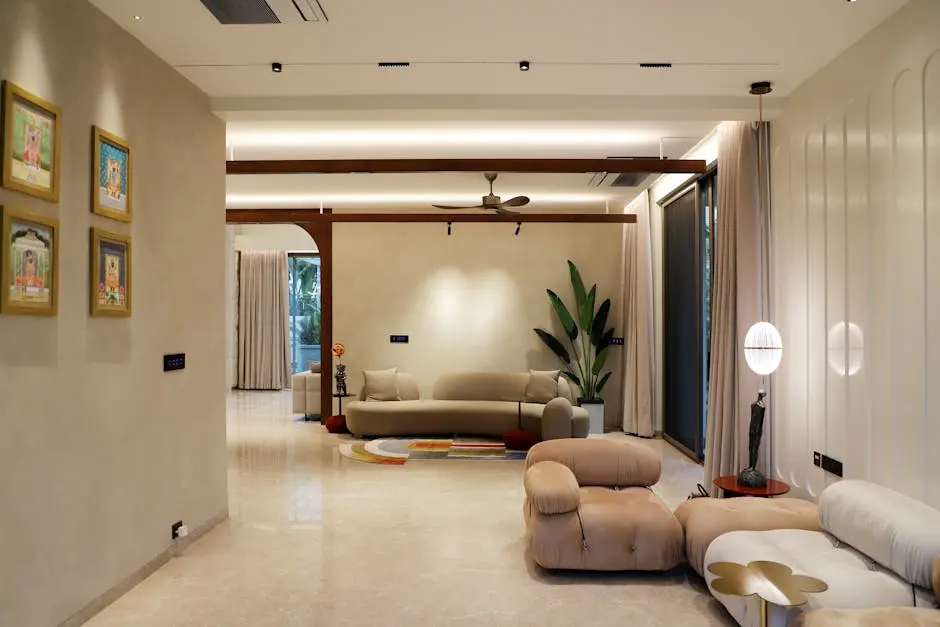 Elegant modern living room with chic furniture and artistic decor.