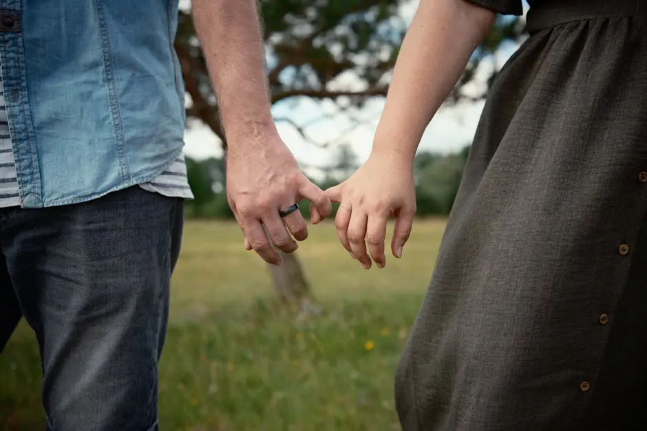 A couple holding hands in a field, symbolizing connection and love.