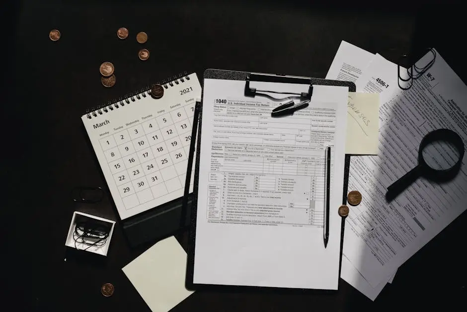 A neatly organized workspace featuring tax forms, calendar, magnifying glass, and office supplies for efficient tax preparation.