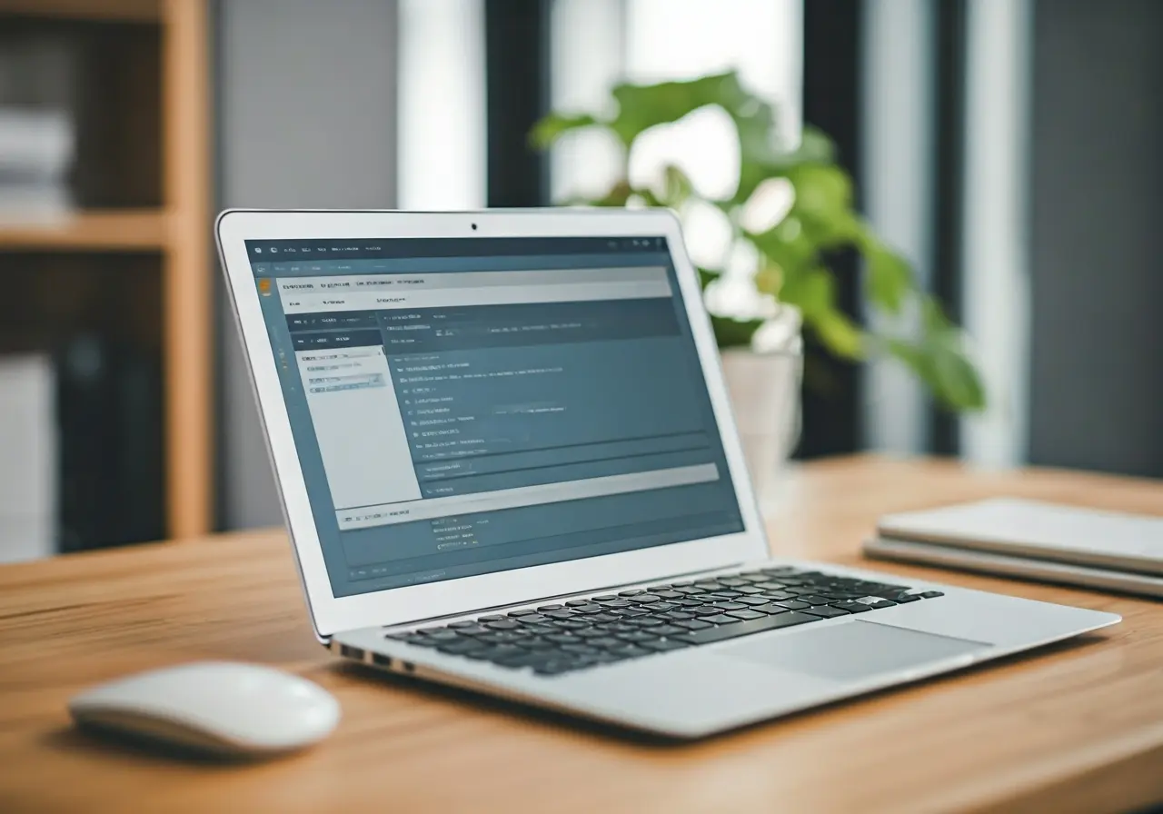 A laptop displaying educational software in a modern home office. 35mm stock photo
