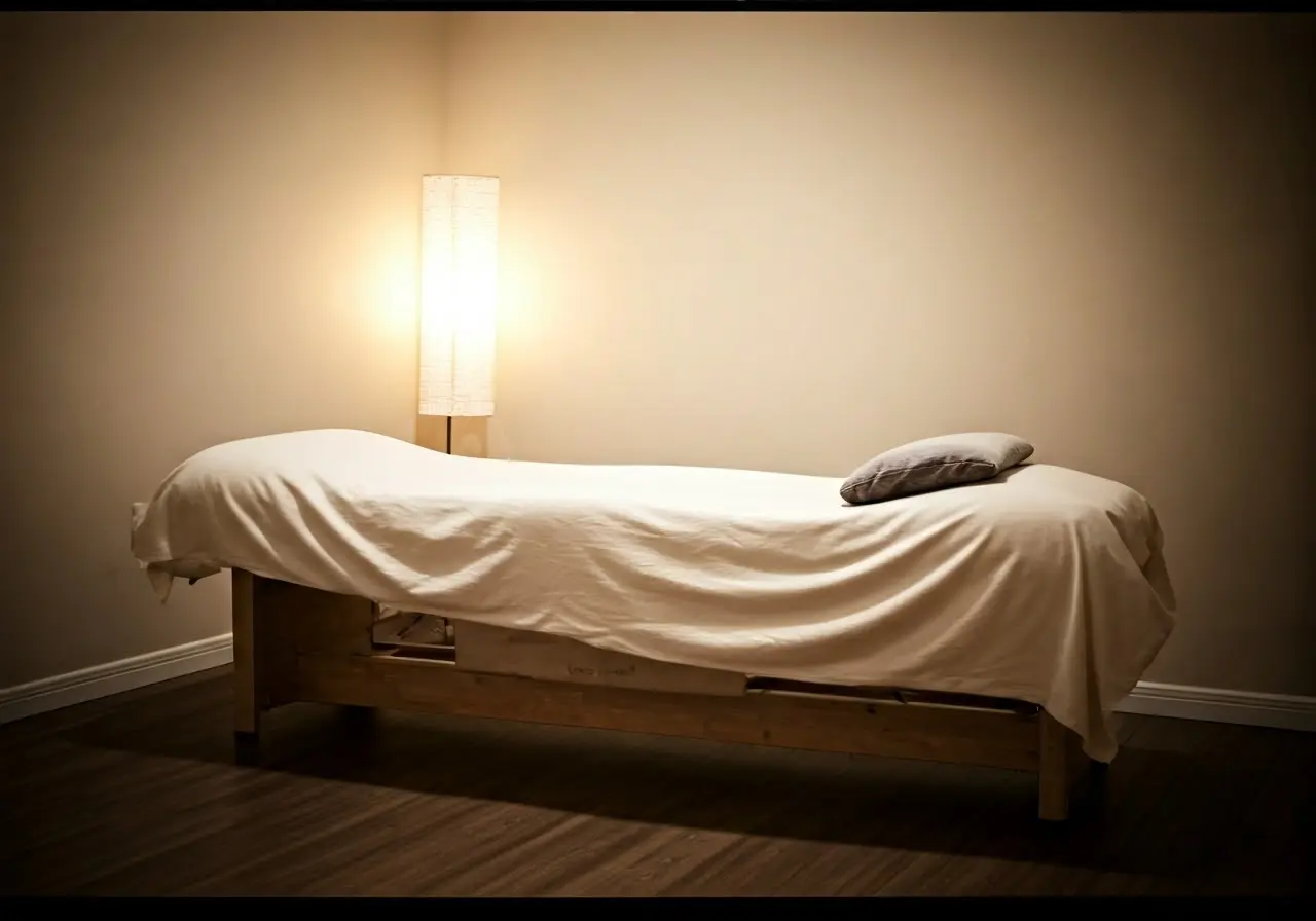 A serene therapy bed in a calm, softly lit room. 35mm stock photo
