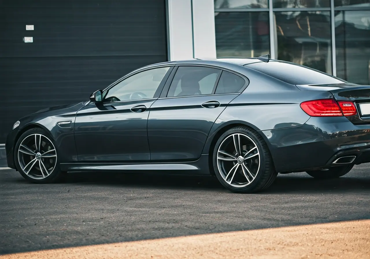 A sleek car with dark tinted windows parked in sunlight. 35mm stock photo
