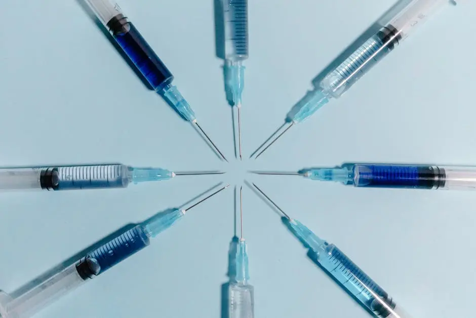 A creative arrangement of syringes forming a radial pattern on a blue background.