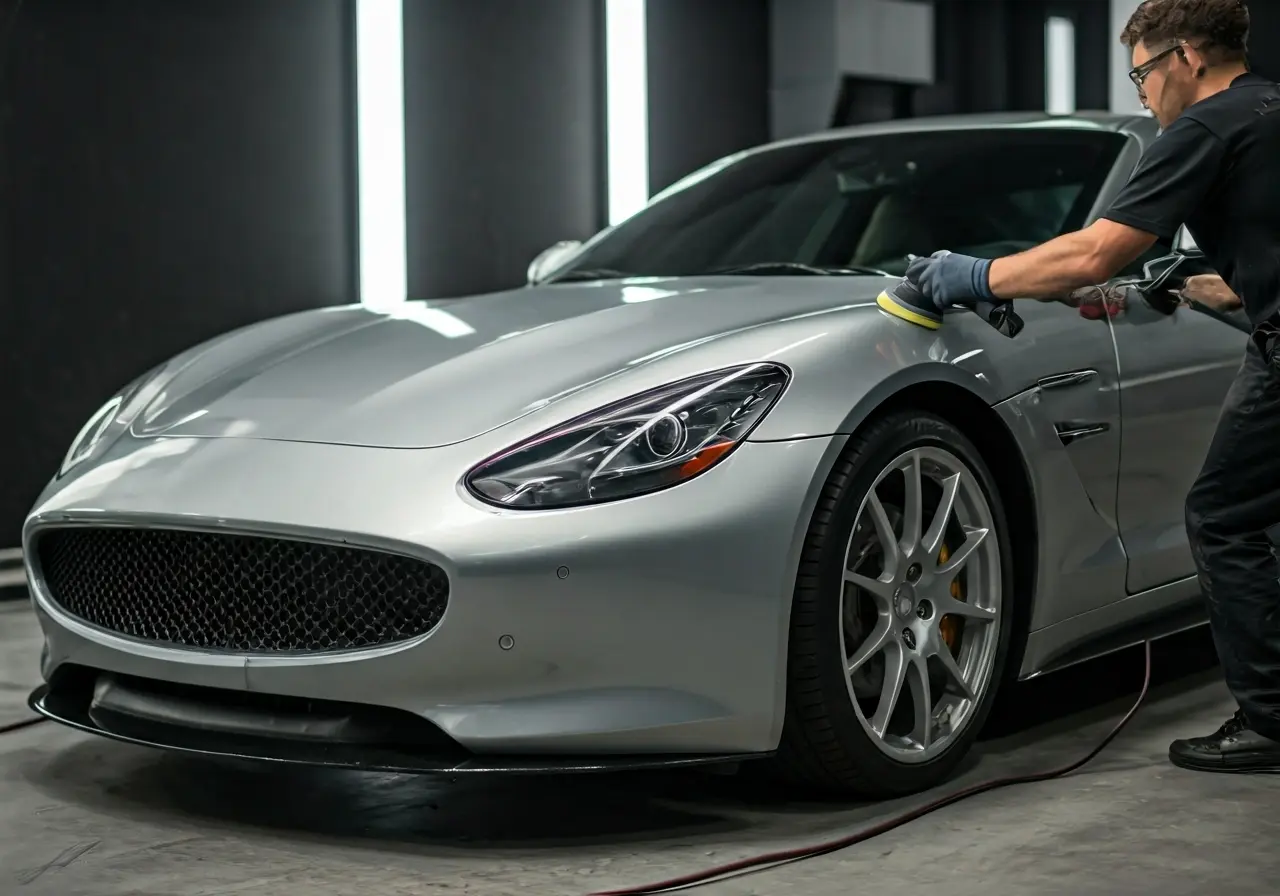 A gleaming car being meticulously polished by a professional. 35mm stock photo