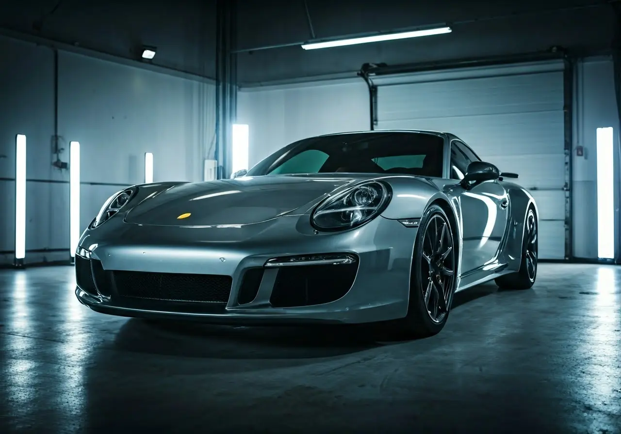 A gleaming car under bright lights in a detailing studio. 35mm stock photo