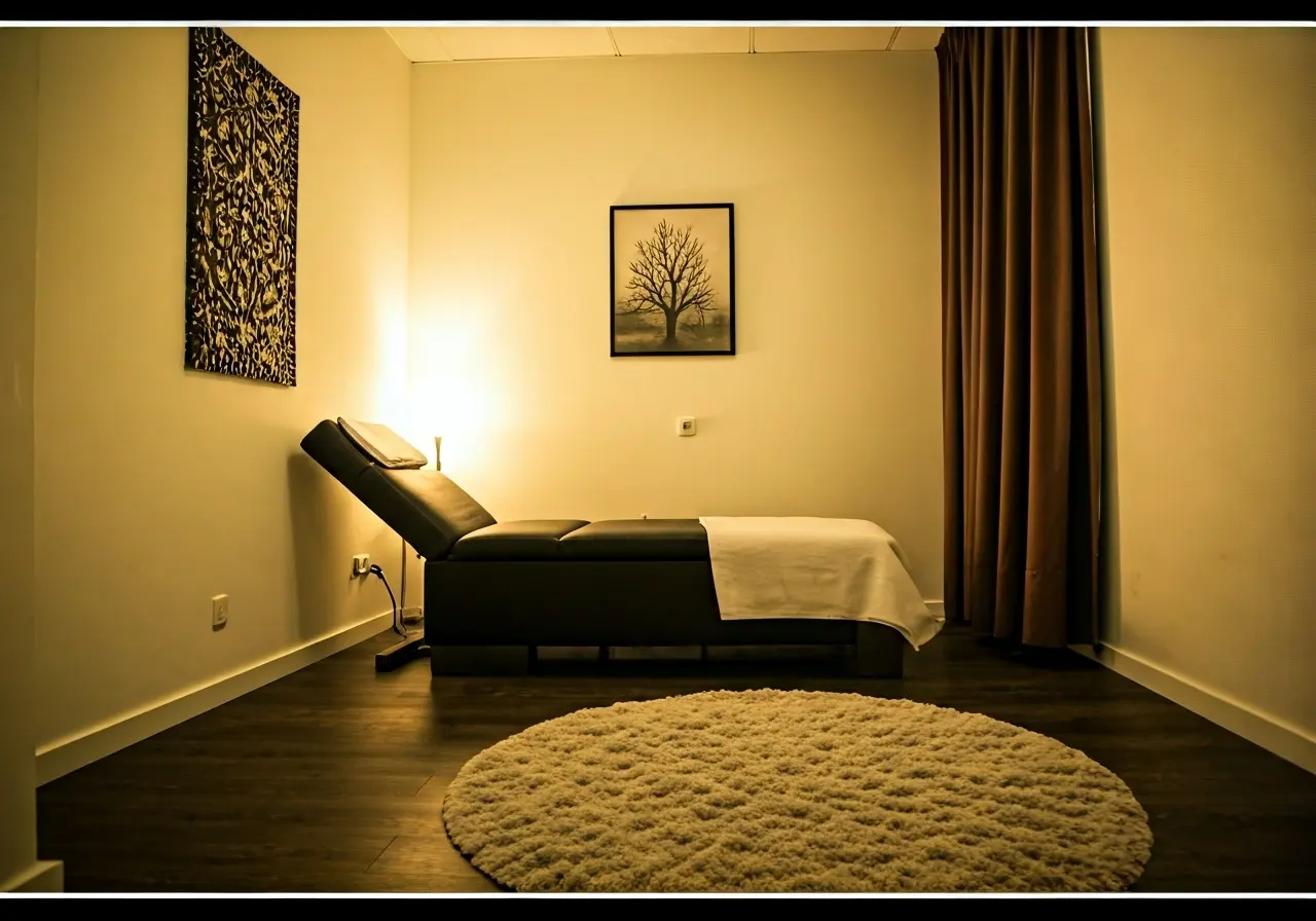 A serene therapy room with soothing, soft-colored decor. 35mm stock photo