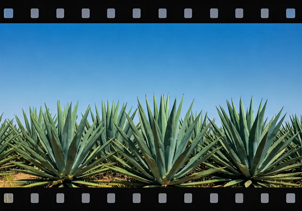 Rows of agave plants under a clear blue sky. 35mm stock photo