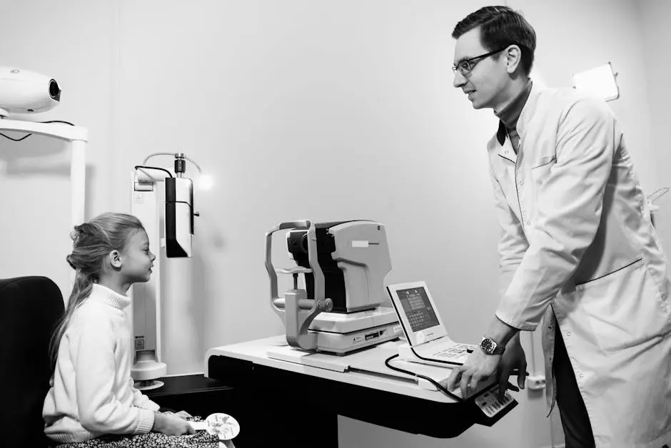 A doctor performs an eye examination on a young girl using advanced equipment in a clinical setting.