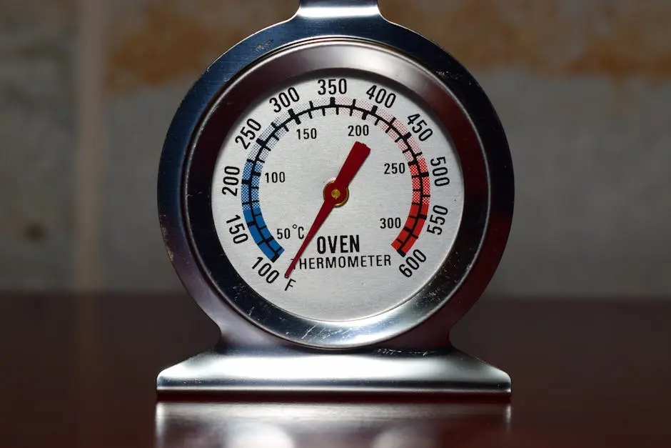 Close-up of a metallic oven thermometer showing temperature in Celsius and Fahrenheit.