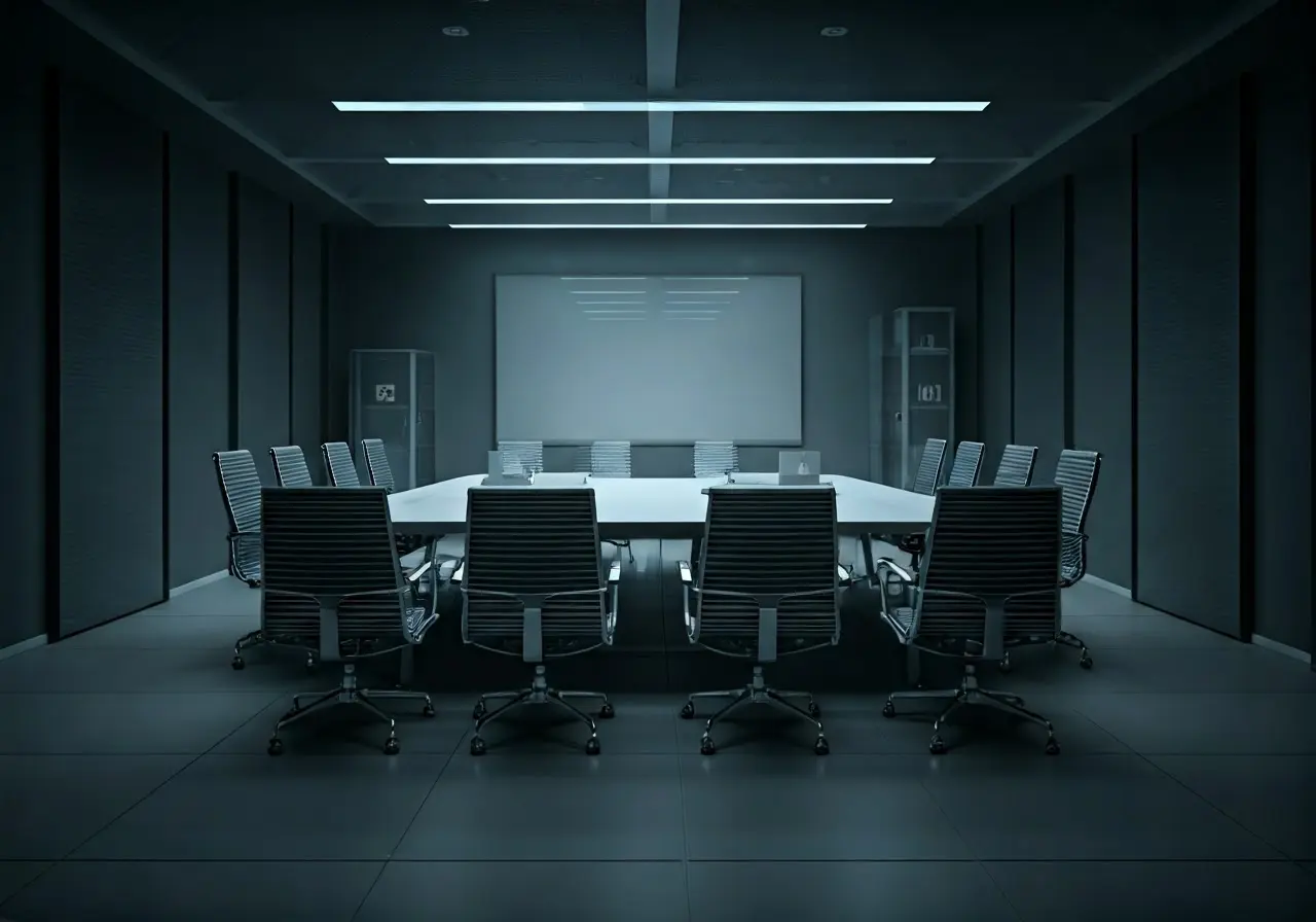 A sleek, high-tech conference room with smart integrated devices. 35mm stock photo