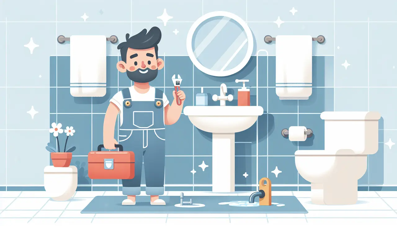 Draw a graphic in flat design style. A cozy bathroom scene showing a smiling plumber with a toolbox, fixing a leak under a sink, with sparkling clean tiles and a fluffy towel hanging nearby.