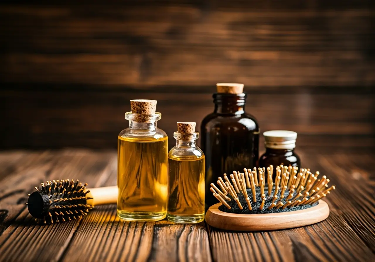 A selection of natural hair oils and brushes on wood. 35mm stock photo