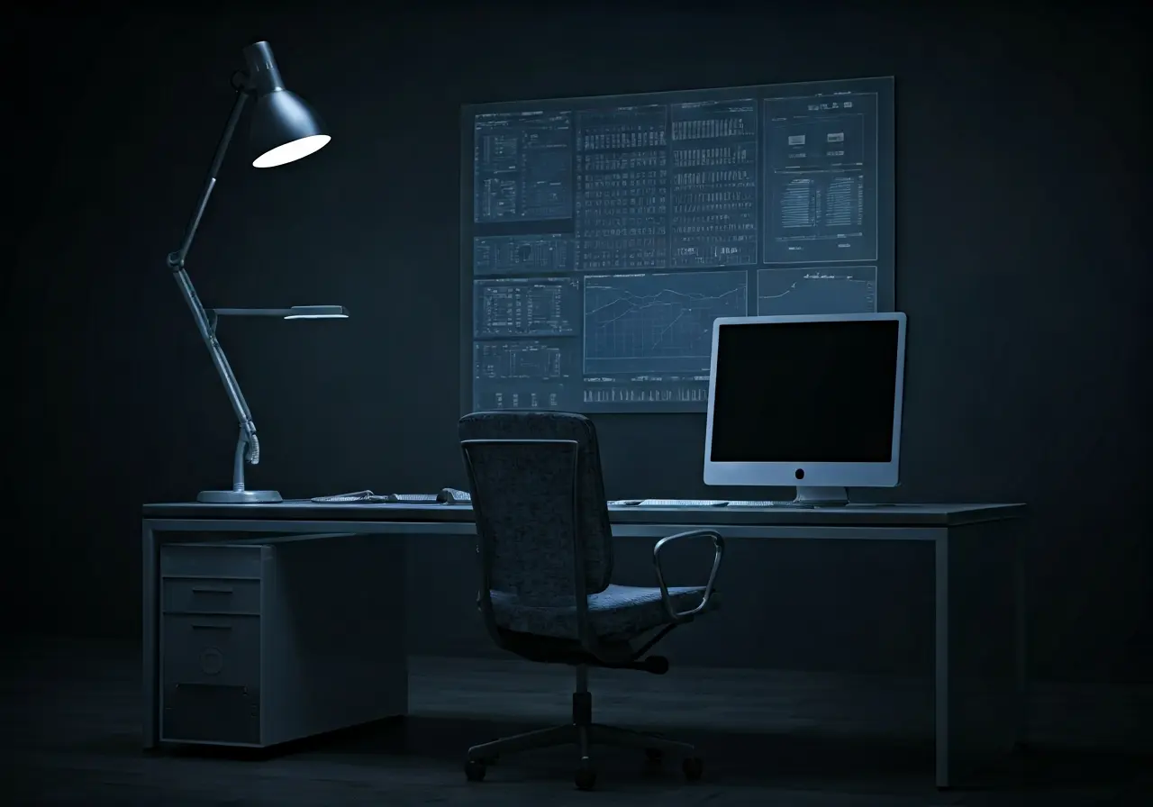 A sleek modern office with high-tech computer equipment. 35mm stock photo