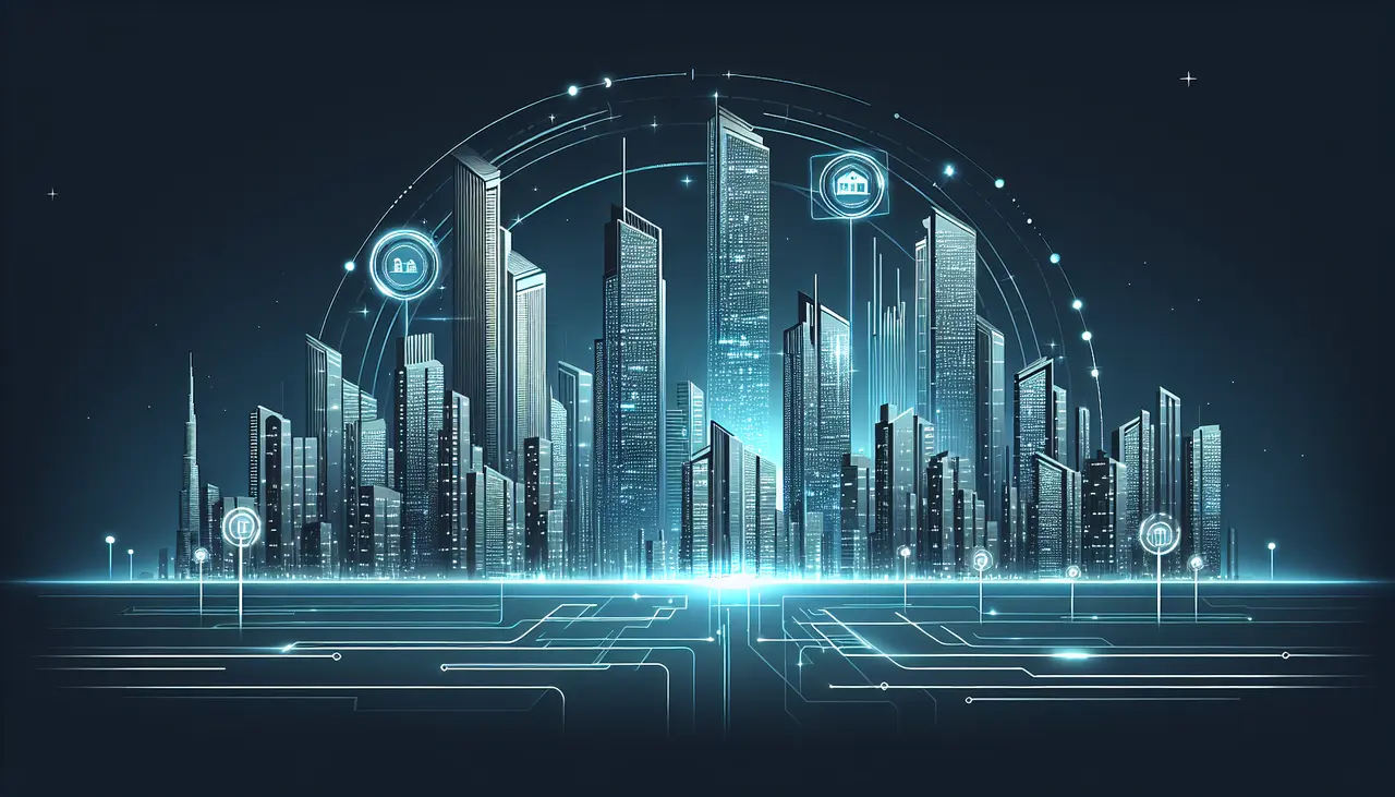 Draw a graphic in flat design style. A sleek, modern city skyline with futuristic buildings and digital real estate signs, all in a minimalist flat design style, showcasing technology and urban development.
