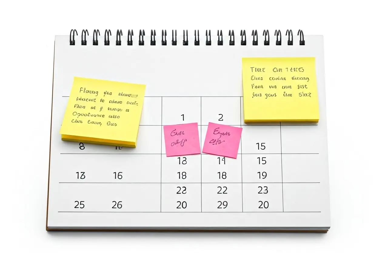 A calendar with highlighted dates and colorful sticky notes. 35mm stock photo