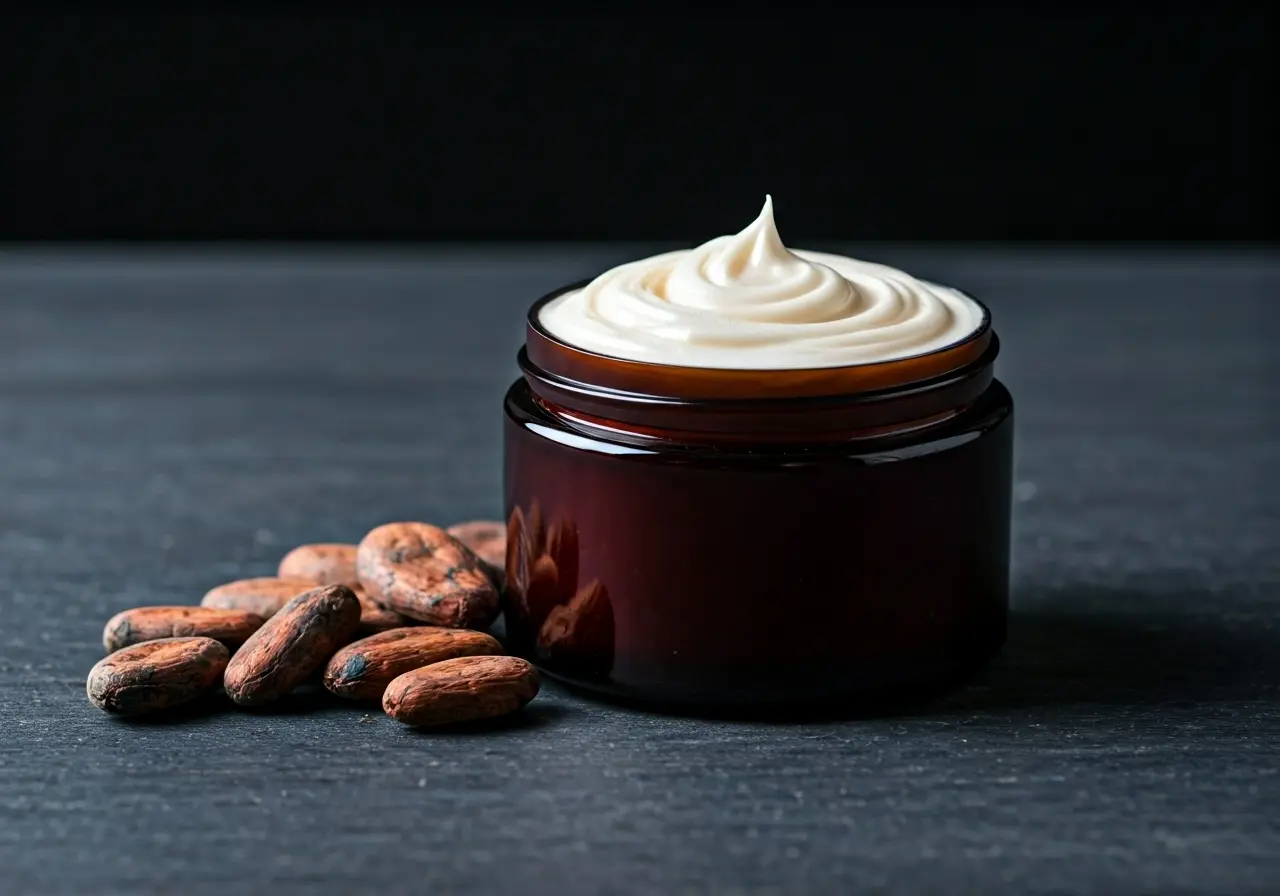 A jar of creamy body butter with cocoa beans beside. 35mm stock photo