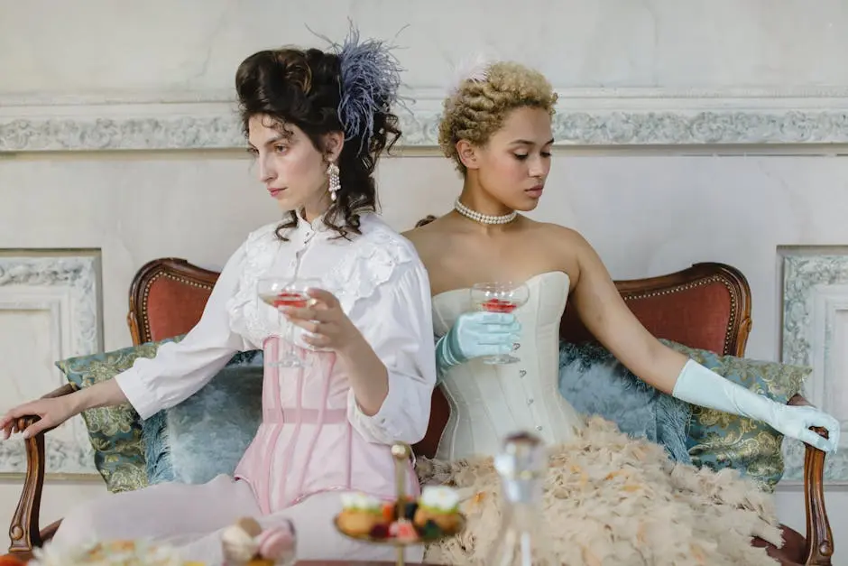 Two stylish women in Victorian attire enjoy wine in an elegant setting.