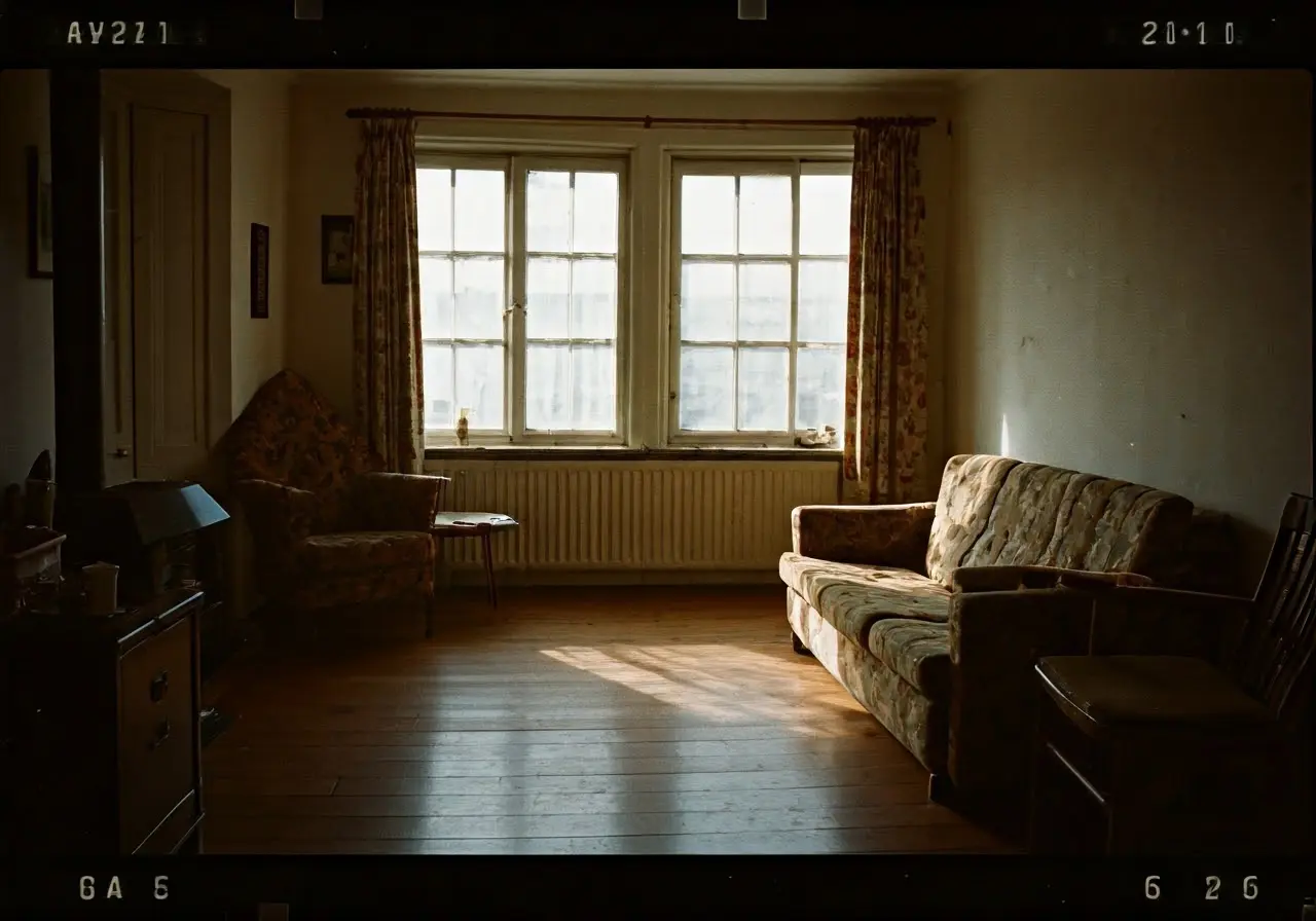 A cozy, decluttered living room with light streaming through windows. 35mm stock photo
