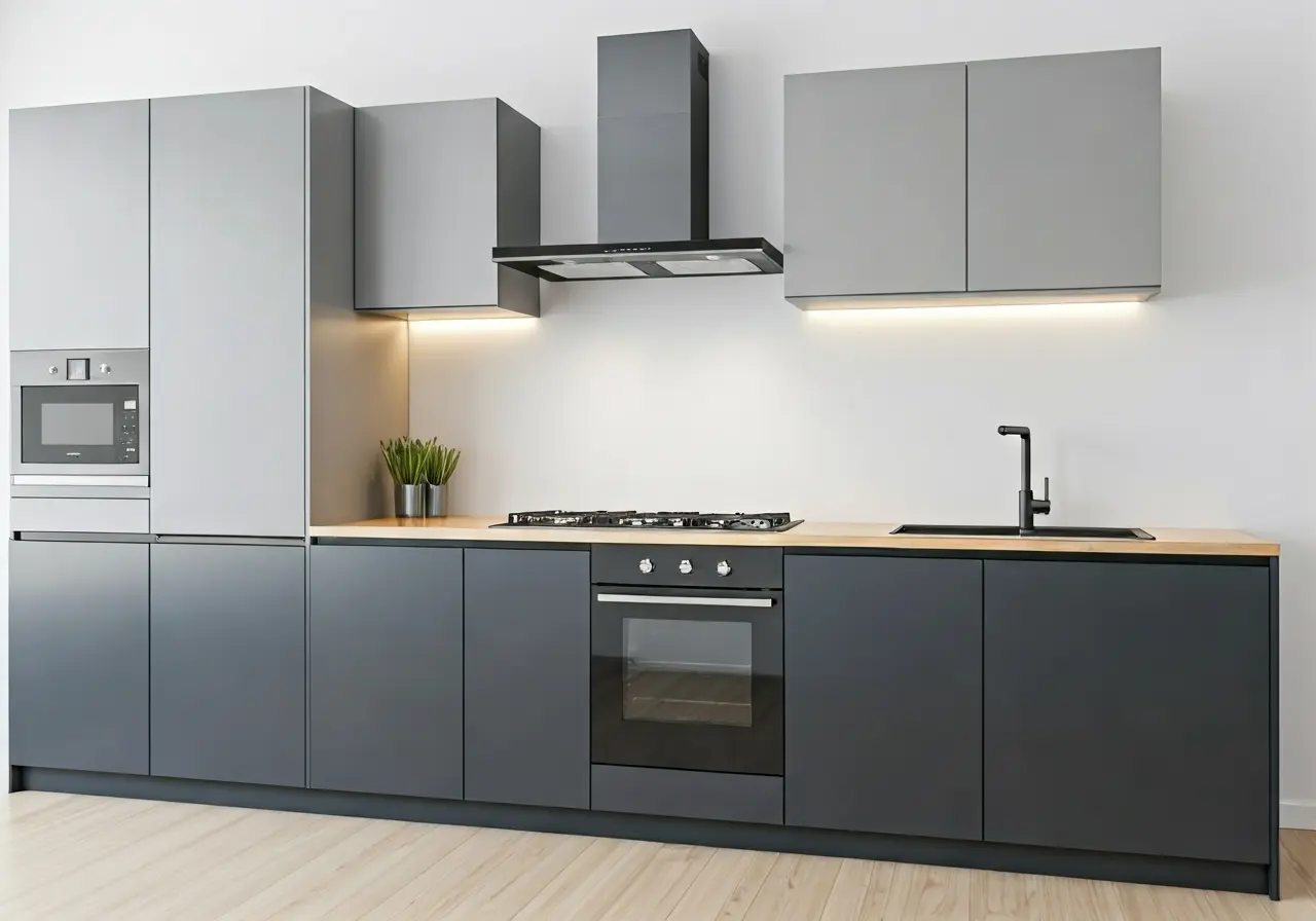 A modern kitchen with sleek appliances and stylish lighting. 35mm stock photo