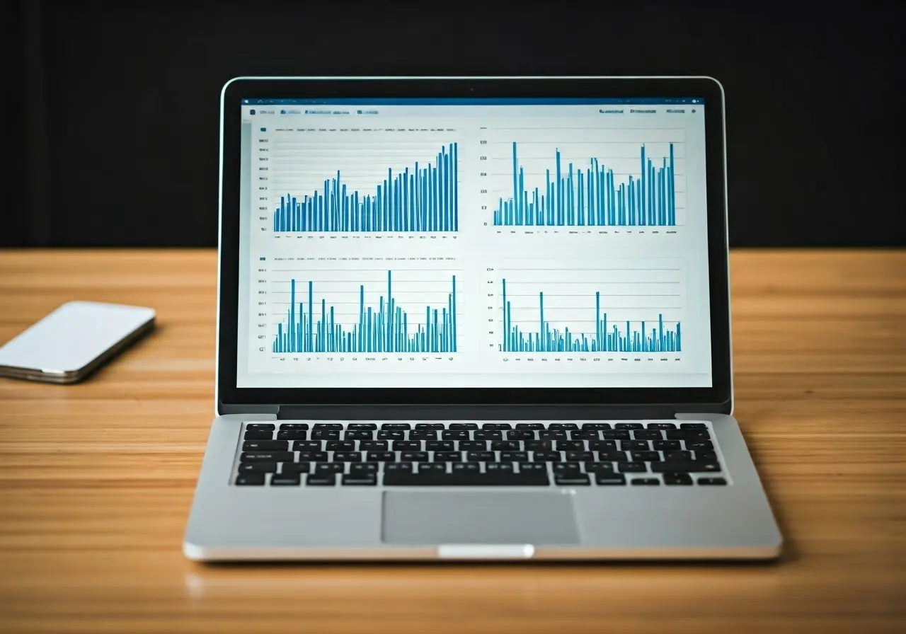 A laptop displaying SEO analytics graphs on a wooden desk. 35mm stock photo