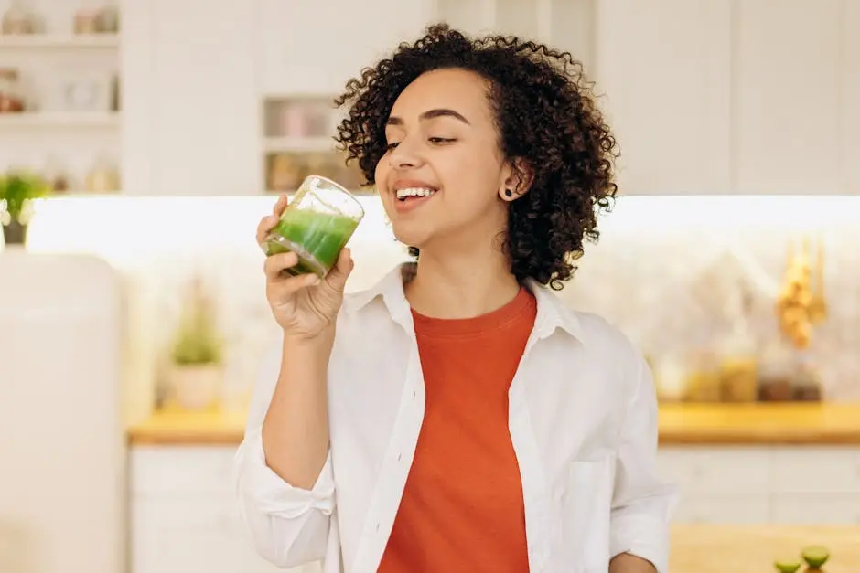 Smiling woman enjoys a fresh green smoothie in a cozy kitchen, promoting a healthy lifestyle.