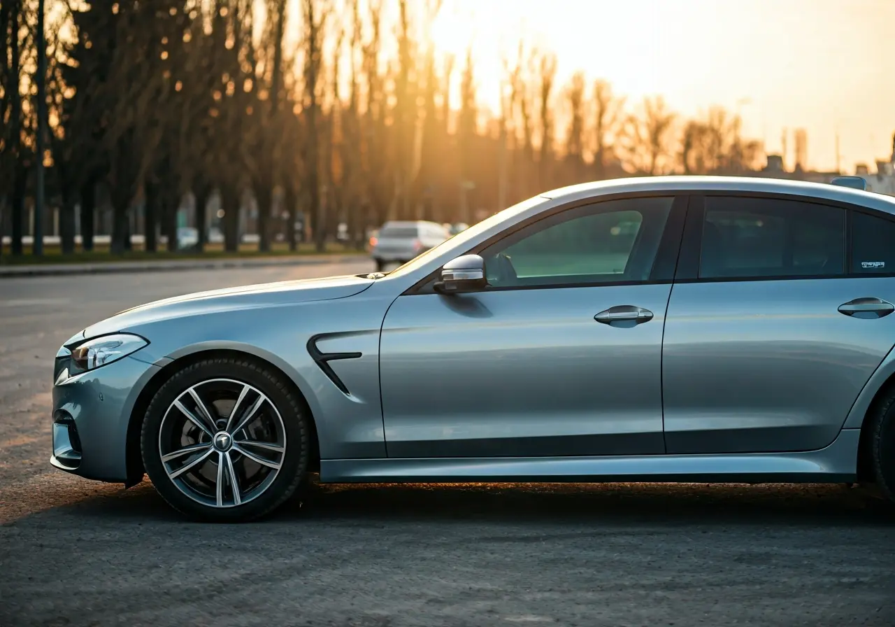 A car parked under sunshine with tinted windows visible. 35mm stock photo