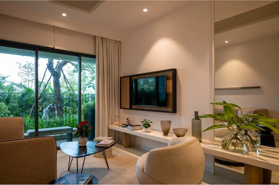 Contemporary living room interior with garden view and elegant decor.