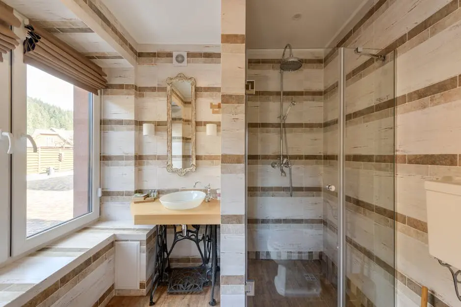 A stylish bathroom featuring a rustic vanity and a glass shower with natural light.