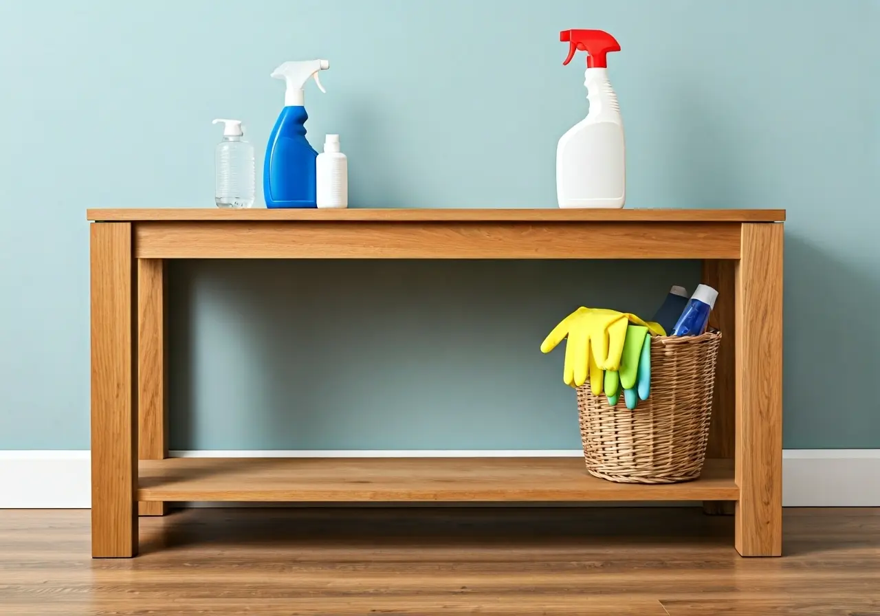A solid wood console table with cleaning supplies beside it. 35mm stock photo