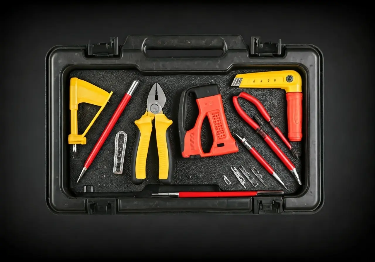 A well-maintained toolbox with various high-quality renovation tools. 35mm stock photo