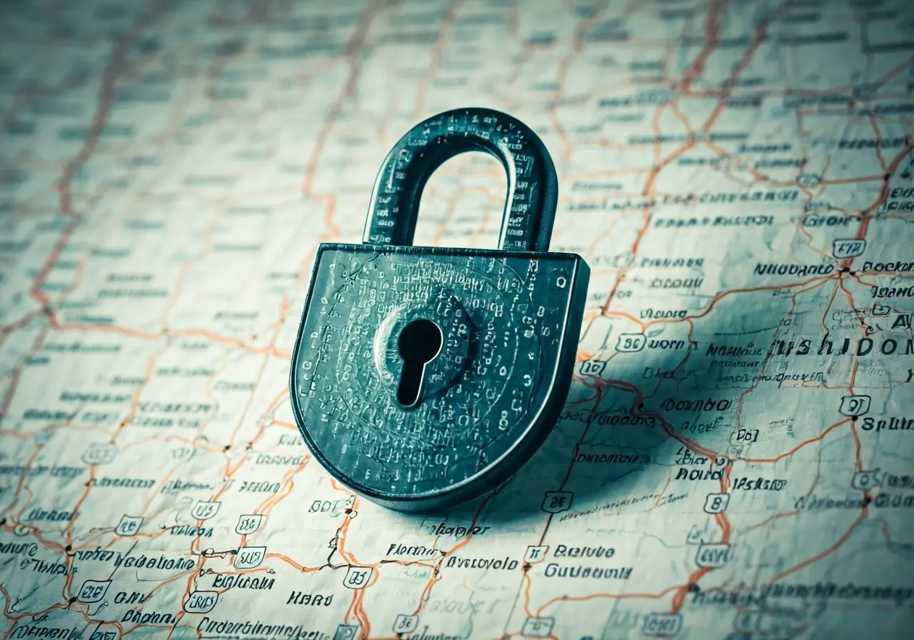 A secure digital lock superimposed over a map of Washington. 35mm stock photo