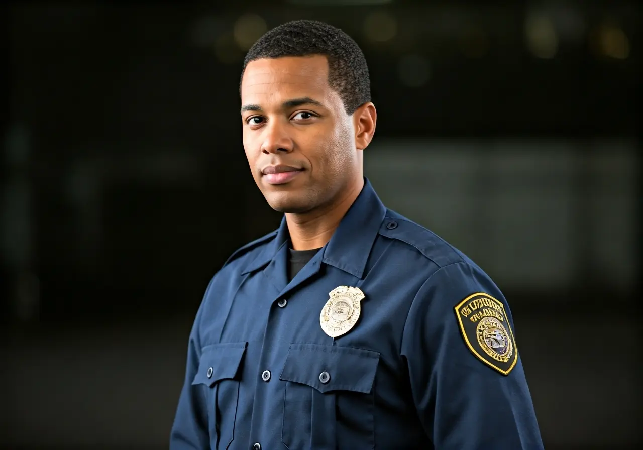 A security guard displaying a visible guard card badge. 35mm stock photo