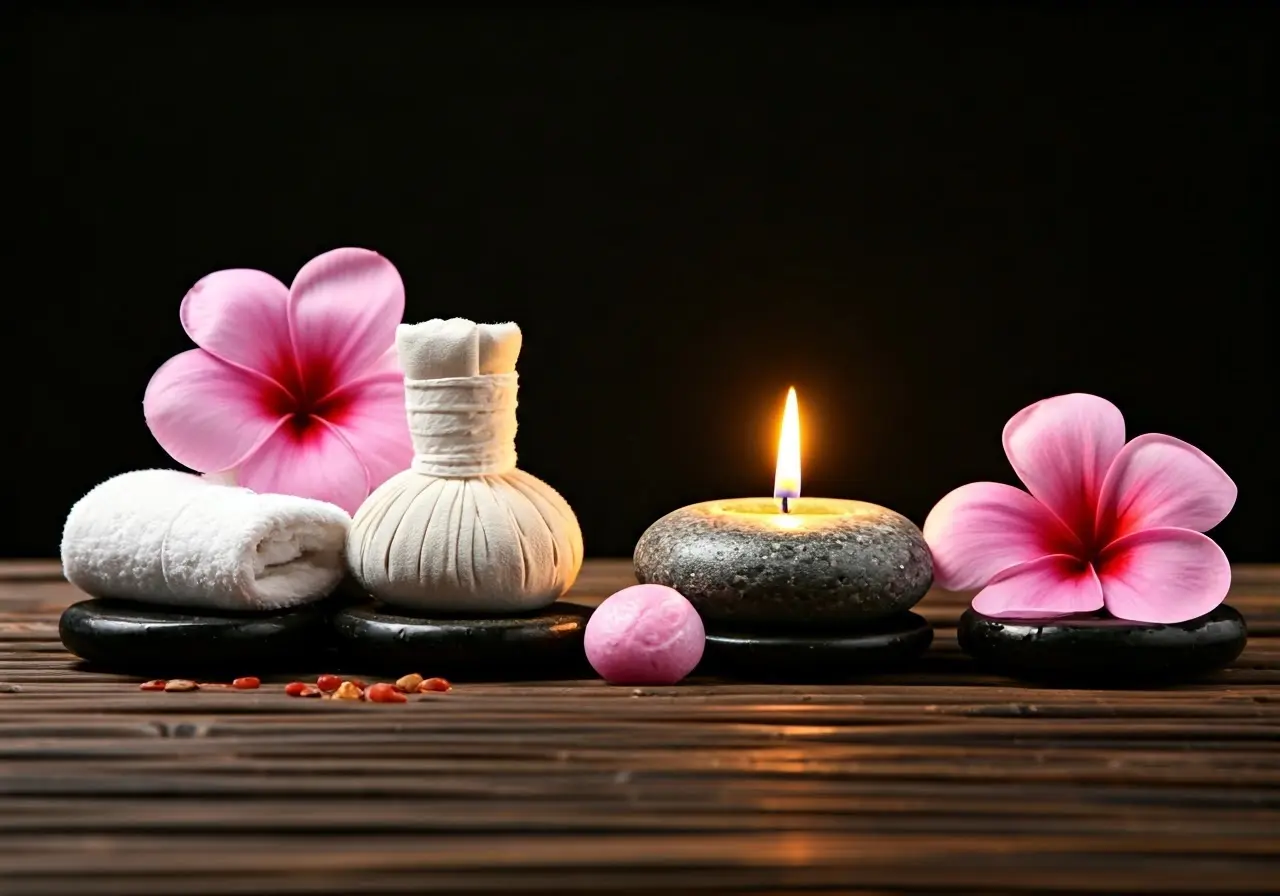A serene spa setting with a lit candle and flowers. 35mm stock photo