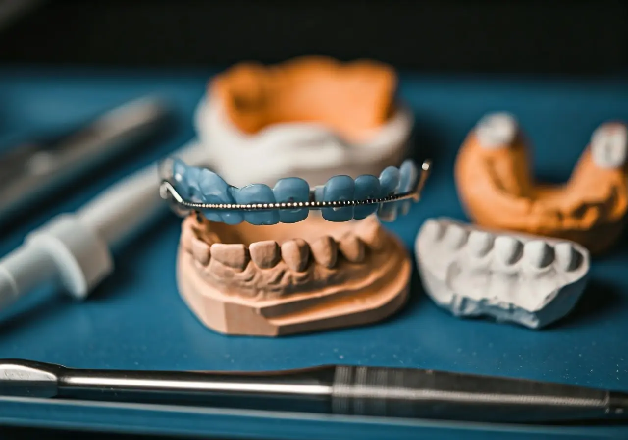 A close-up of modern orthodontic tools and dental molds. 35mm stock photo