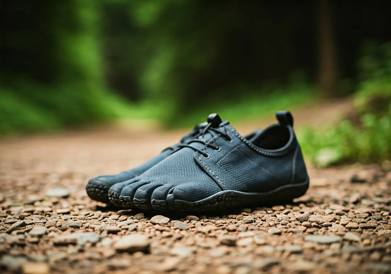 A pair of minimalist barefoot shoes on a rocky trail. 35mm stock photo