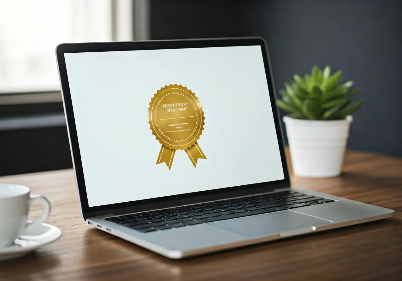 A laptop displaying an online course with a certification badge. 35mm stock photo