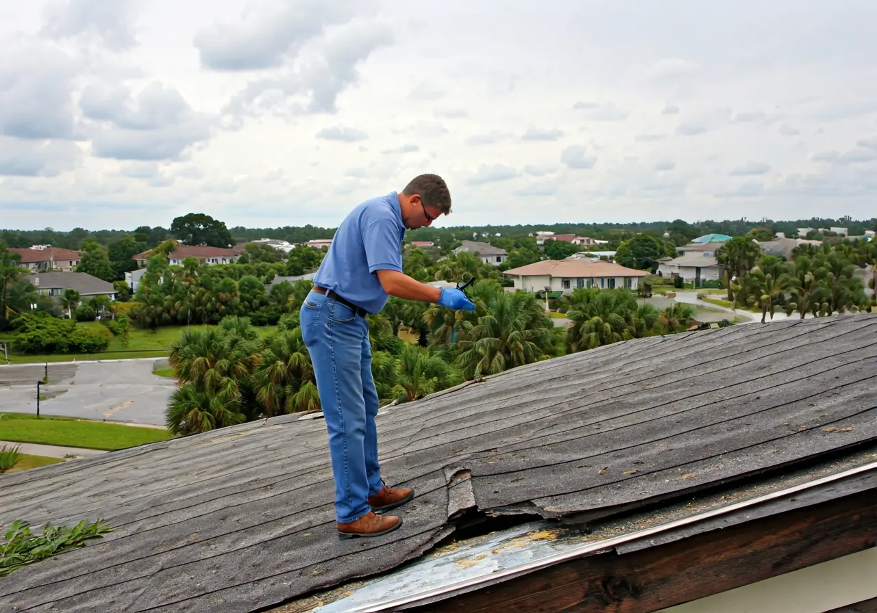 An adjuster examining storm damage to a Florida rooftop. 35mm stock photo