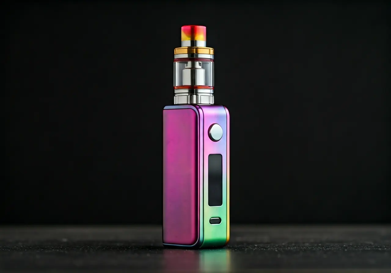 A colorful vape device on a white background. 35mm stock photo