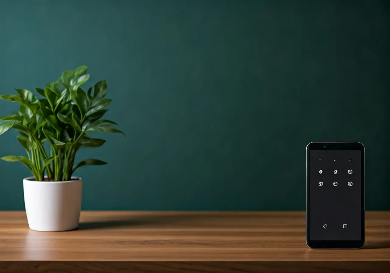 A sleek modern living room with smart home devices visible. 35mm stock photo