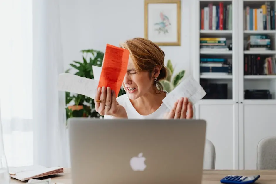 Frustrated woman managing finances, surrounded by bills and a laptop, looking distressed.