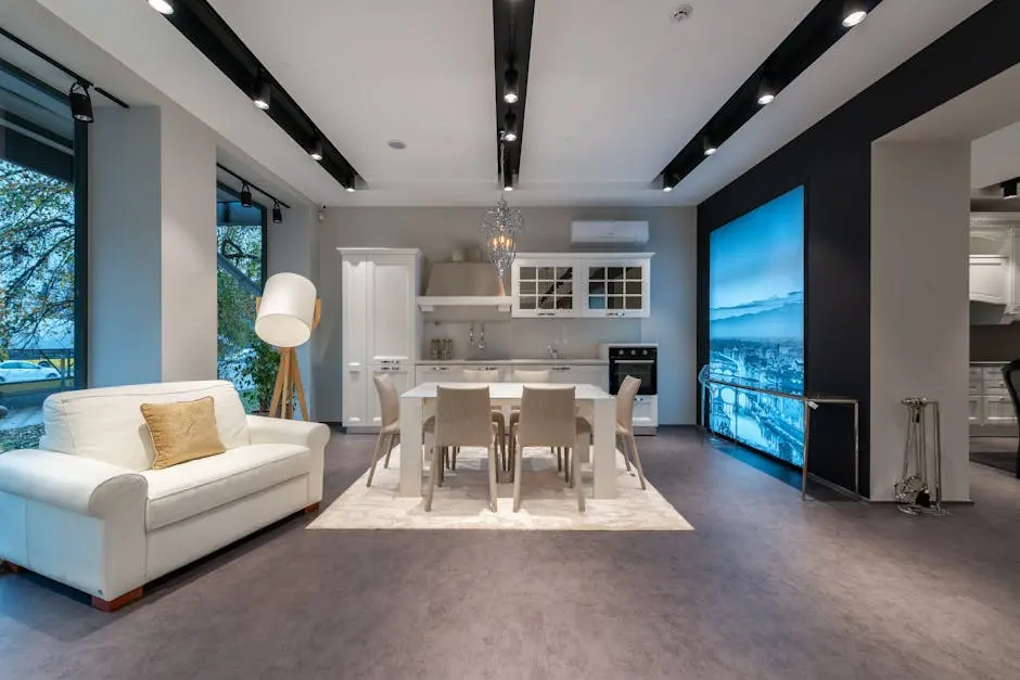 Bright and stylish modern kitchen and living room with elegant furniture and decor.