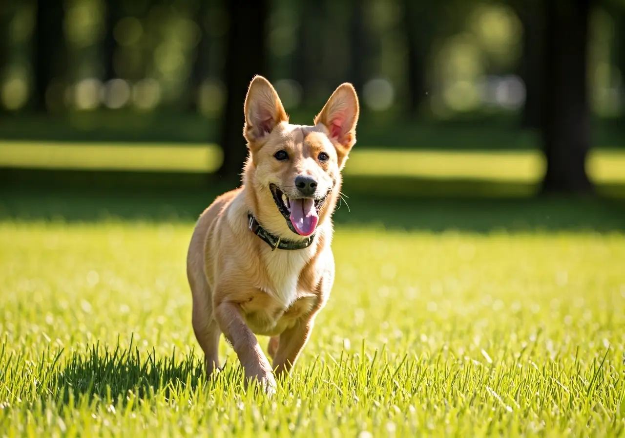 A happy dog playing fetch in a sunny park. 35mm stock photo